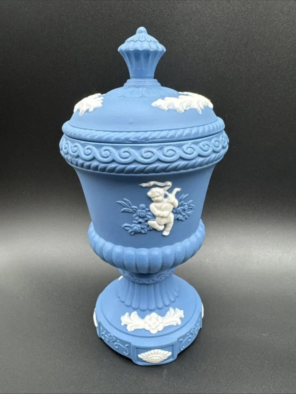 Vintage Blue Jasperware Style Ornate Cherub Floral Urn Apothecary 8”